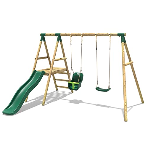 REBO Gartenschaukel-Set aus Holz mit Rutsche Schaukel Spielturm | Kinder Schaukel Outdoor | Babyschaukel und Kinderschaukel | Stabile Konstruktion | Lange Lebensdauer
