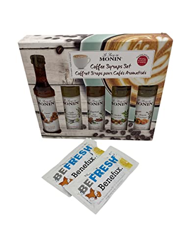 Monin Coffee Syrups Set 5x 50ml Flasche mit Benefux. Erfrischungstüchern 250 ml