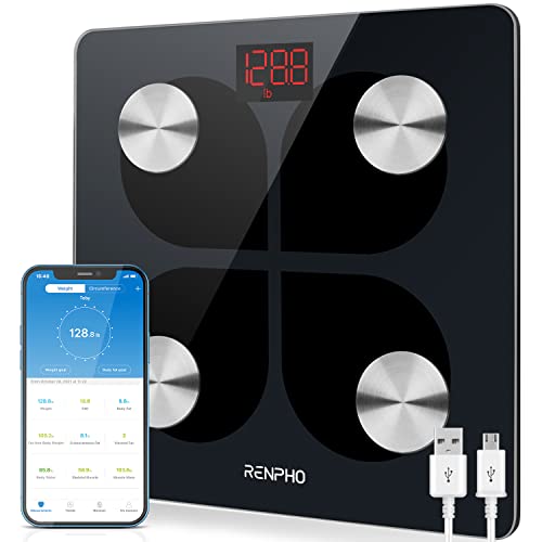 RENPHO Körperfettwaage, Bluetooth Personenwaage USB Wiederaufladbare Körperanalysewaage mit App, Smart Körperwaage für Körperfett, BMI, Gewicht, Muskelmasse, Wasser, Protein