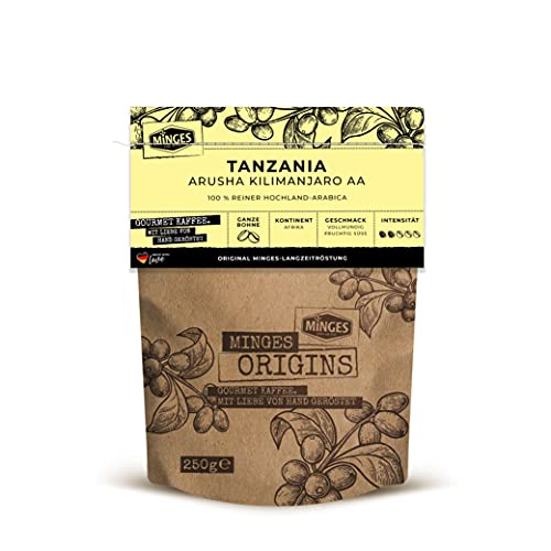 Minges ORIGINS Kaffeebohnen Tanzania Arusha Kilimanjaro AA vollmundig fruchtig süß – Original Langzeitröstung, 250 g