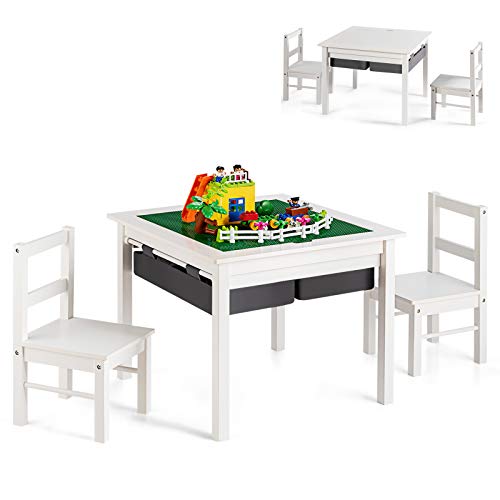 COSTWAY Kinder Spieltisch mit doppelseitiger Tischplatte, Bausteintisch mit Schubladen, Schreibtisch und Zeichentisch aus Holz, Kinder Sitzgruppe zum Zeichnen, Lesen und Basteln (Weiß)