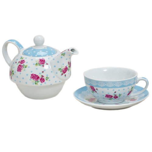 Tea for one Set 3-teilig Porzellan Teekanne mit Tasse und Untertasse mit Rosen und Blumen Motiv (Blau)