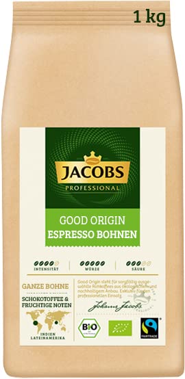 Jacobs Professional Good Origin Espresso, Bio-Kaffeebohnen, 1kg, ganze Bohne, Intensität 4/5, ideal für Kaffee-Vollautomaten