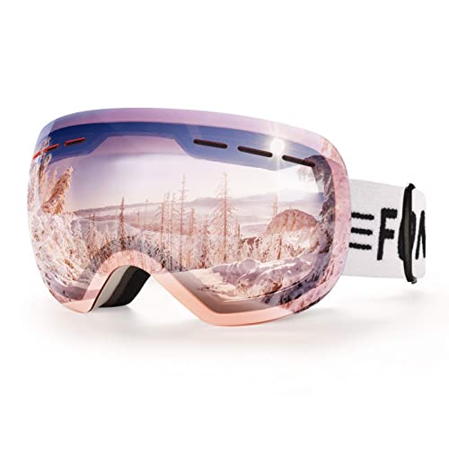 FONHCOO Skibrille Damen OTG Skibrille für Brillenträger, UV-Schutz Verspiegelte Schneebrille Mädchen Anti-Beschlag Ski Goggles (Rosa)
