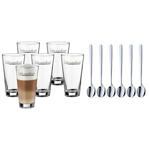 WMF Clever&More Latte Macchiato Gläser Set 12-teilig, Latte Gläser mit Löffel 280 ml, Latte Macchiato Glas mit Aufrdruck, spülmaschinengeeignet