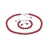 ba bijou-art Perlenkette Rot Armband Ohrstecker Titan Schmuck-Set Perlen 0,8 cm Versilbert