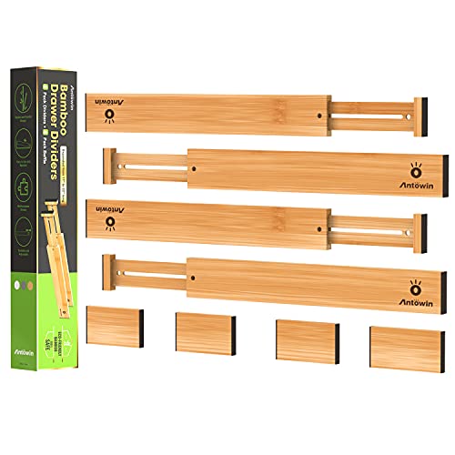 ANTOWIN Schubladentrenner Verstellbar Bambus (43-56 cm), Schubladen organizer, gefedert, Küche, Kommode, Badezimmer, Schlafzimmer, Babyschublade, Schreibtisch Ordnungssystem