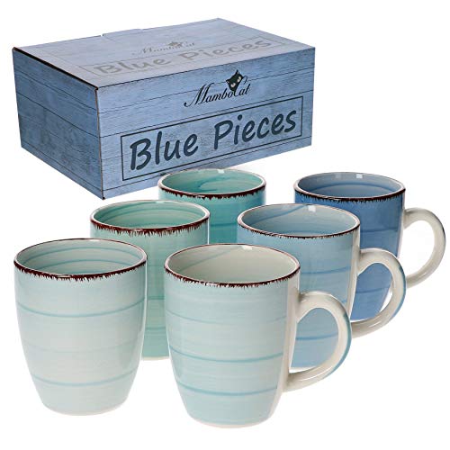 MamboCat 6-TLG. Kaffeebecherset Blue Baita Blautöne 350 ml Steingut-Tassen rund Trink-Becher für Heiß-Getränke Tee-Pott abstraktes Strudel-Dekor Geschirr