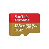 SanDisk Extreme microSDXC UHS-I Speicherkarte 128 GB + Adapter & Rescue Pro Deluxe (Für Smartphones, Actionkameras und Drohnen, A2, C10, V30, U3, 160 MB/s Übertragung) Rot/Gold (1er Pack)