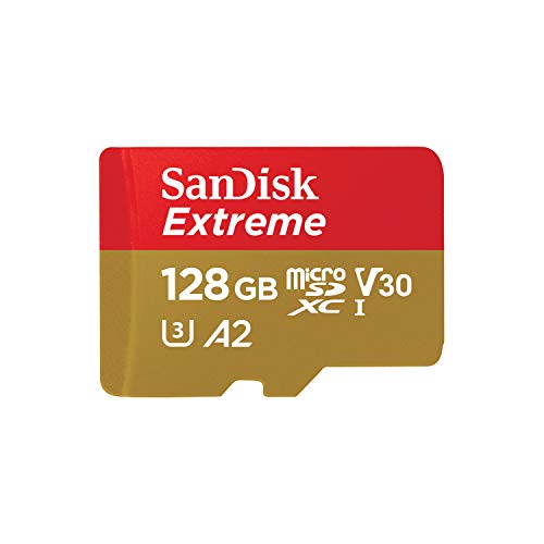 SanDisk Extreme microSDXC UHS-I Speicherkarte 128 GB + Adapter & Rescue Pro Deluxe (Für Smartphones, Actionkameras und Drohnen, A2, C10, V30, U3, 160 MB/s Übertragung) Rot/Gold (1er Pack)