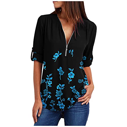 Caixunkun Lässige, langärmlige Damen-Bluse mit V-Ausschnitt, Bedruckt, mit Bündchen, Plissee und Reißverschluss Hemden 107 - Blue Small