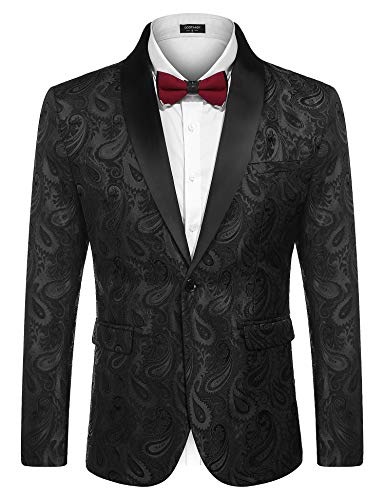 COOFANDY Herren Floral Smoking Anzugjacket Modern Luxus Stilvoll Blazer mit Blumenmuster Paisley für Abendessen, Hochzeit, Party, Abschlussball,schwarz,L