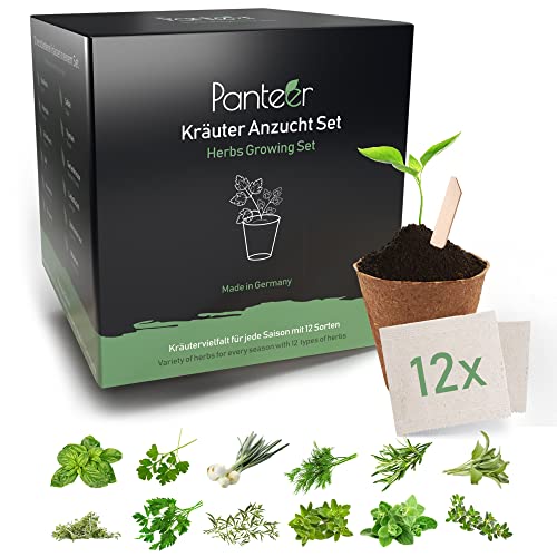 Panteer ® Anzuchtset Kräutersamen - 12er Set - Kräutergarten & Küchenkräuter - Saatgut - MADE IN GERMANY - Garten Zubehör