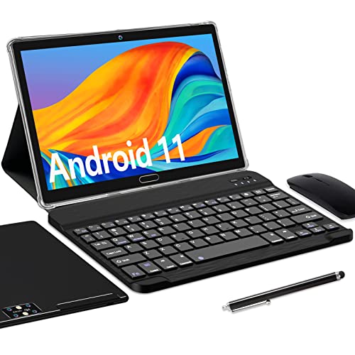 Tablet 10 Zoll Android 11,ANTEMPER 4G LTE Tablets Telefon Mit Dual SIM,4GB RAM 64GB ROM 128GB TF,Octa Core 1080P FHD,6000mAh 13MP Kamera,WiFi,GPS,BT 5.0,Mit Schutzhülle Tastatur Maus-Schwarz