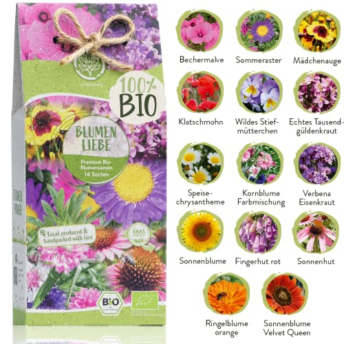 Bio Blumen Samen Set – 14 Sorten samenfeste Bio Blumensamen – mit extra viel Blumen Saatgut für deinen Balkon oder Garten. Nachhaltiges Pflanzensamen Set mit Wildblumensamen als Gastgeschenk.