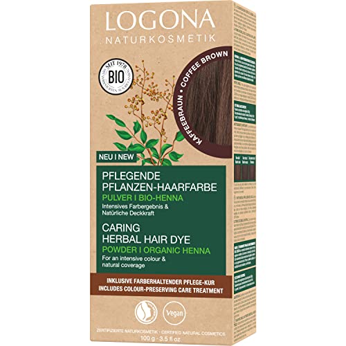 LOGONA Naturkosmetik Pflegende pflanzliche Haarfarbe, Veganes Haarfarbe-Pulver mit Bio-Henna für intensive Farbe und Glanz, Pflanzenhaarfarbe in Kaffeebraun (Braun), 1 x 100g
