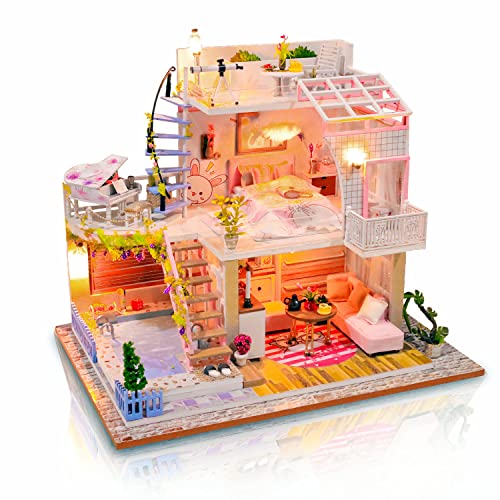 Cuteefun DIY Miniatur Puppenhaus Kit 1:24 Zum BAU Miniatur Haus mit Musik Staubschutz und Möbeln Selber Bauen Kreative Bastelgeschenke für Frauen (Meet Love)