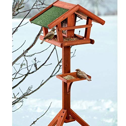 Vogelhaus mit Ständer Holz - wetterfestes Futterhaus für Wildvögel mit Schutzdach & Draht-Silo