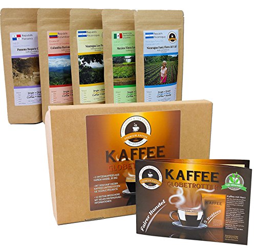 Kaffee Globetrotter - Kaffee Mit Herz Box - Ganze Bohne - für Kaffee-Vollautomat, - 5 Mal 100 g Fair Gehandelter Spitzenkaffee Unterstützt Soziale Projekte