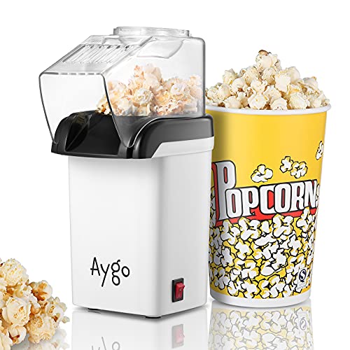 Aygo Popcorn-Maschine, Heißluft Popcorn-Maker für fettfreie Maiskörner Zubereitung, Retro Popkorn-Automat, Popcorn Popper für Heim-Kino Zuhause (Weiß)