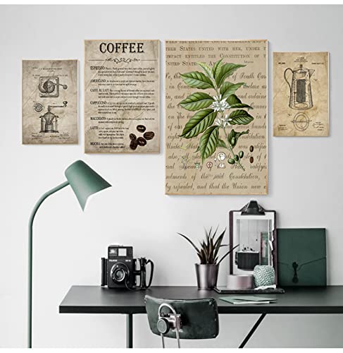 Kaffeezubereitung Vintage Posterdruck Kaffeeperkolator und Kaffeebohne Wandkunst Leinwand Gemälde Arten von Kaffeebild Wohnkultur
