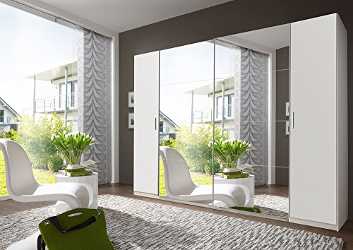 lifestyle4living Kleiderschrank mit Spiegel-Türen in Alpin-Weiß, 270 cm, 4 Kleiderstangen, 4 Einlegeböden | Hochwertiger moderner Kombi Schwebetürenschrank