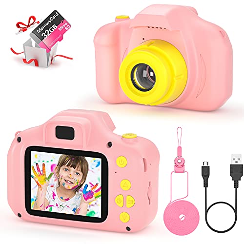 Kinder Digital Kamera Spielzeug Kleinkind Kamera Spielzeug 2 Zoll HD-Bildschirm 1080P 32 GB TF-Karte Jungen und Mädchen Geschenke Spielzeug für 3 bis 12 Jahre alte (rosa)