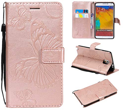 THRION Samsung Galaxy Note 3 Hülle, PU Schmetterling Brieftaschenetui mit magnetischer Handschlaufe und Ständerhalterung für Samsung Galaxy Note 3, Rosa Gold