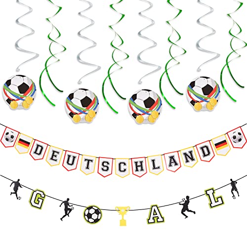 AhfuLife Fußball WM 2022 Party Deko Set - 1 Stück Deutschland Flaggenkette, 1 Stück WM Girlande Banner und 8 Stück Fußball Hängende Wirbel für Sportvereine Geburtstag Party (Deutschland Stil)