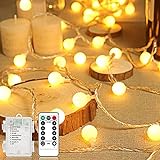 LED Lichterkette Außen Batterie, 10.5M 100LEDs Lichterketten Kugeln Außen/Innen mit Fernbedienung 8 Modus Wasserdicht Weihnachtsbeleuchtung für Hochzeit/Weihnachten/Balkon Deko (Warmweiß)