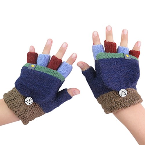 Fäustlinge mit Knopf Klappe Fingerlose Handschuhe für Kinder Winter Warm Strickhandschuhe Winterhandschuhe in Affe Optik, Blau, Einheitsgröße