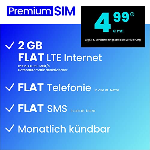 Handyvertrag PremiumSIM LTE All 2 GB - monatlich kündbar (FLAT Internet 2 GB LTE mit max. 50 MBit/s mit deaktivierbarer Datenautomatik, FLAT Telefonie, FLAT SMS und EU-Ausland, 4,99 Euro/Monat)