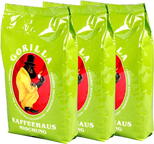 Joerges Gorilla Kaffeehaus-Mischung, 3er Vorteilspack (3x 1000g), ganze Kaffeebohnen, Röstkaffee, Caffè