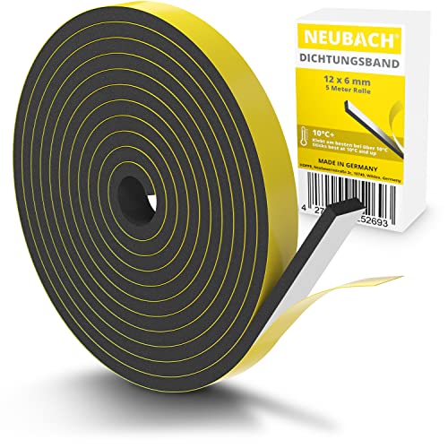 NEUBACH® [5 Meter] Dichtungsband selbstklebend - 12x6mm - Da besonders starker Halt, perfektes Schaumstoff Klebeband I Wasserdichte Moosgummidichtung selbstklebend