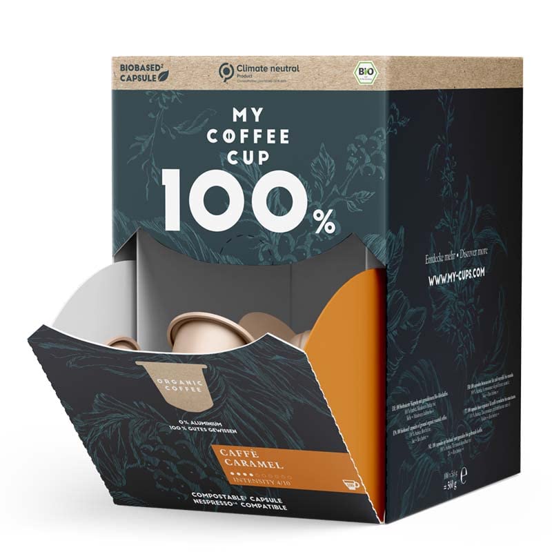 My Coffee Cup – MEGA BOX CAFFÈ CARAMEL – BIO-KAFFEE I 100 Kaffeekapseln für Nespresso®³-Kapselmaschinen I 100% industriell kompostierbare Kaffeekapseln – 0% Alu I Nachhaltige Kaffeekapseln