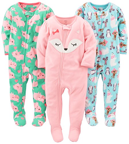 Simple Joys by Carter's Baby Mädchen Pyjamamit Füßen aus Flammenfestem Fleece, Lockerer Schnitt, 3er-Pack, Eisbär/Schweinchen/Fuchs, 12 Monate