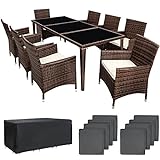 tectake Aluminium Poly Rattan Gartenmöbel Set 8 Stühle mit Tisch mit Glasplatten, inkl. 2 Bezugssets und Schutzhülle, wetterfeste Balkon Möbel - grau