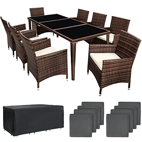 TecTake Aluminium Poly Rattan Gartenmöbel Set 8 Stühle mit Tisch mit Glasplatten, inkl. 2 Bezugssets und Schutzhülle, wetterfeste Balkon Möbel - braun schwarz