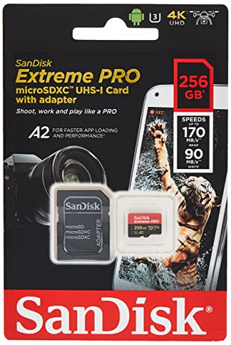 SanDisk Extreme PRO 256 GB microSDXC Speicherkarte + SD-Adapter mit A2-App-Performance bis zu 170MB/Sek., Class 10, U3, V30
