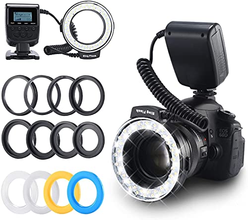 LED Ringblitzleuchte, Emiral - Ringleuchte, Ringblitz mit 48 Makro LEDs und LCD-Display, für Canon/Nikon/Panasonic/Olympus/Pentax SLR Kamera (Makro Ring Kopf, 4X Blitz-Diffusor, 8X Adapterring)