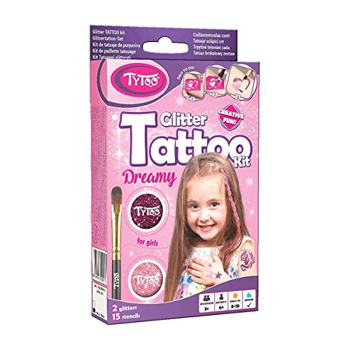 Tytoo Glitzertattoo Set für Mädchen mit 15 Schablonen- Seine Anwendung ist auch für Kinder mit empfindlicher Haut sicher und hält bis zu 18 Tage - 100% Geld-zurück-Garantie