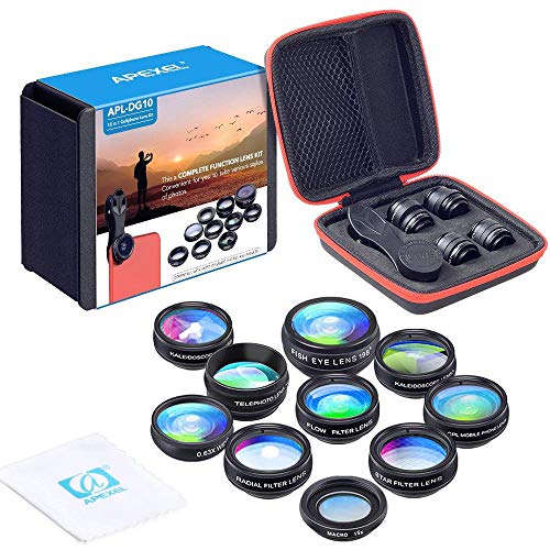 Apexel 10 in 1 Phone Camera Lens kit Wide Angle Lens, Macro Lens, Fisheye Lens, Telephoto Lens, Kaleidoscope 3/6 Lens CPL/Flow/Star/Radial Filter Clip-on Phone for iPhone Samsung Most of Smartphone