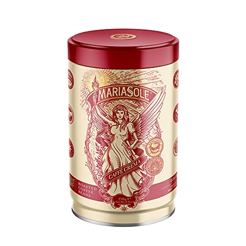 MariaSole Caffè Crema – NEUES DESIGN GLEICHER GESCHMACK - Premium Kaffeebohnen 250g in hochwertiger Dose für Vollautomat und Siebträger - Traditionelle Röstung über Holzfeuer In Handarbeit
