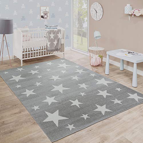 Paco Home Moderner Kurzflor Kinderteppich Sternendesign Kinderzimmer Star Muster Grau Weiß, Grösse:80x150 cm