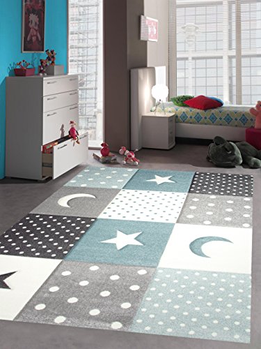 Teppich-Traum Kinderzimmer Teppich Spiel & Baby Teppich Punkte Sterne Mond Design in Blau Türkis Grau Creme Größe 120 cm rund