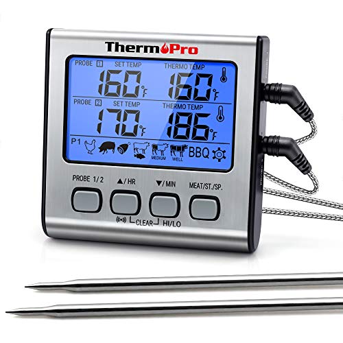 ThermoPro TP17 Digitales Grill-Thermometer Bratenthermometer Fleischthermometer Küchenthermometer, zwei Edelstahlsonden, Blaue Hinterbeleuchtung, Temperaturbereich bis 300°C