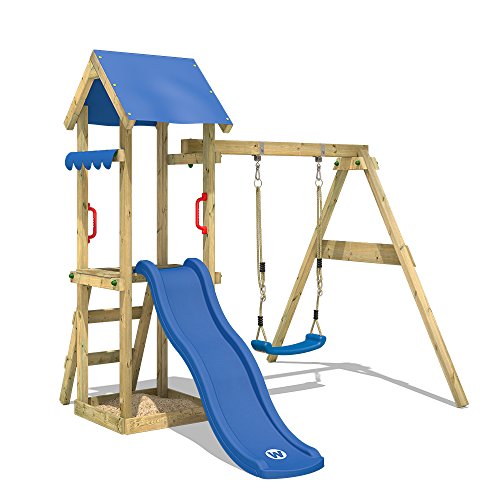 WICKEY Spielturm Klettergerüst TinyWave mit Schaukel & Blauer Rutsche, Outdoor Kinder Kletterturm mit Sandkasten, Leiter & Spiel-Zubehör für den Garten