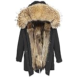Damen Luxury PARKA XXL Kragen aus 100% ECHTPELZ ECHTFELL Jacke Mantel Fuchspelz Innenfutter (L, Schwarz)