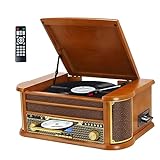 JOPOSTAR Record Player 3 Speed Kabelloser Bluetooth Vinyl Plattenspieler mit AM/FM Radio Phonograph mit 3, 5mm Kopfhörerbuchse, CD/Kassette, AUX-in/RCA-Ausgang, USB Wiedergabe