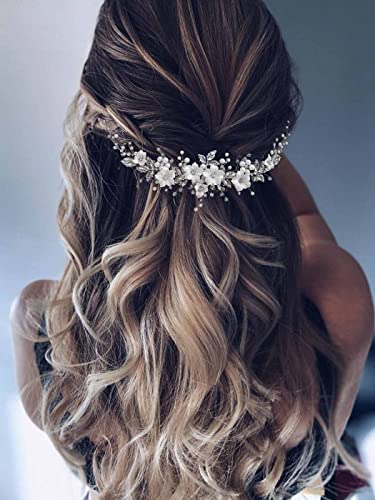 Vakkery Blumen Hochzeits Haarranken Silber Kristall Braut Kopfschmuck Perle Strass Braut Haarschmuck für Frauen und Mädchen